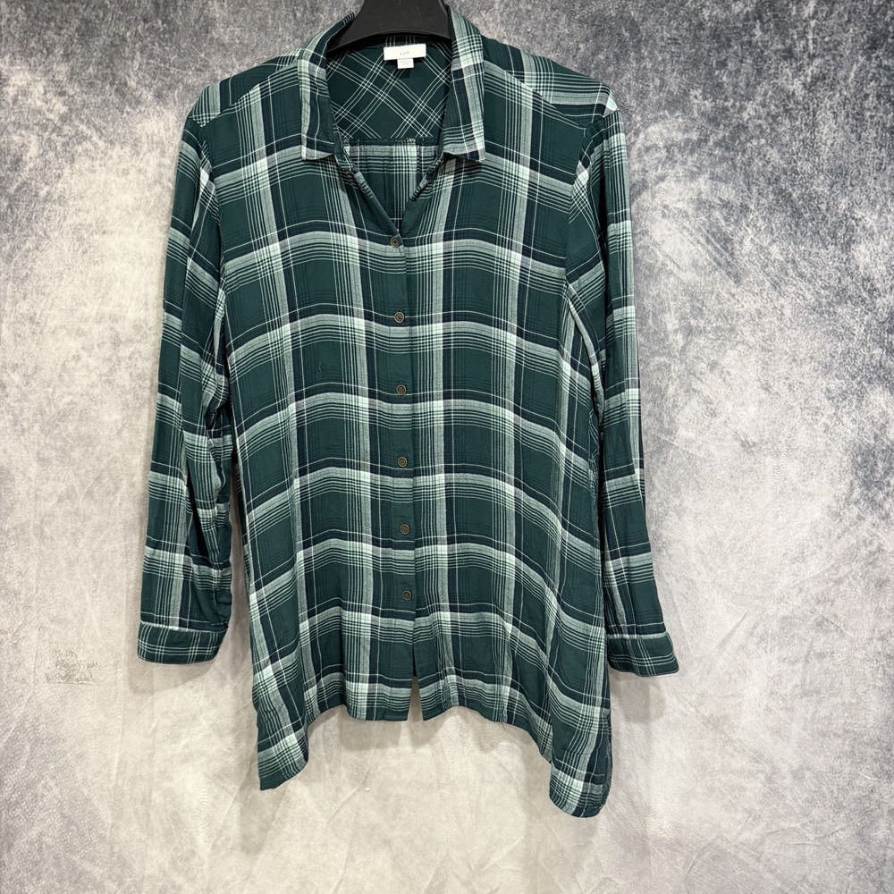 J JILL MIXED PLAID DOUBLE CLOTH TUNIC-LP-EVERGREEN/ MULTI-SOFT RAYON